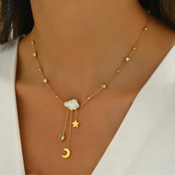 18K Gold Filled Celestial Cloud Star Moon Necklace (15.7" + 2") - Picture 2 of 3